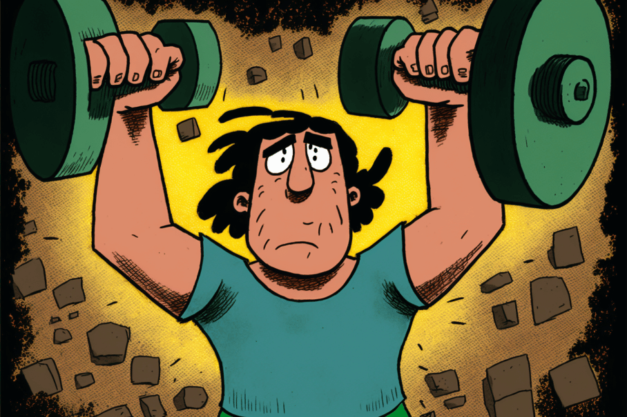 a_person_struggling_to_lift_weights_graphic_novel_cartoon