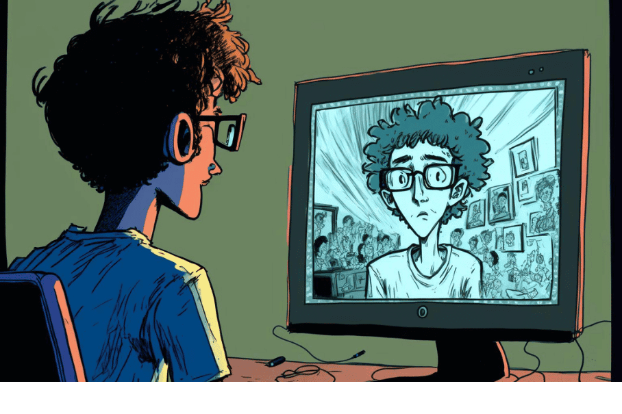 person with glasses doing a video conference on a computer, graphic novel