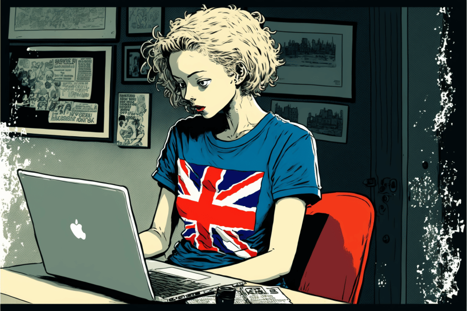 a_female_wearing_a_shirt_with_a_british_flag_on_it_sitting