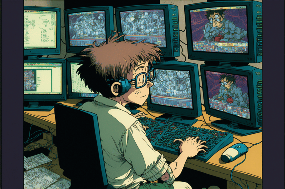 a_happy_person_with_large_glasses_sitting_in_front_of_multiple monitors