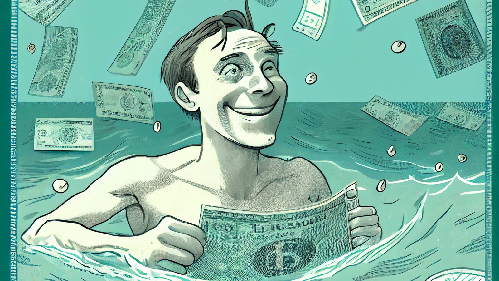 a man swimming in an ocean of money holding money