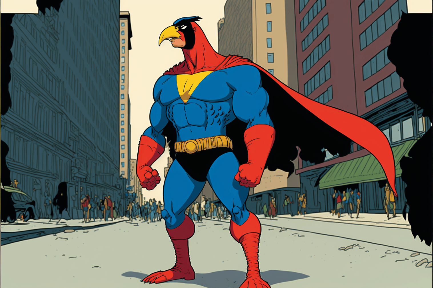 tucan-wearing-a-red-cape-doing-the-superman-pose-on-the-streets-of-a-big-city-graphic-novel
