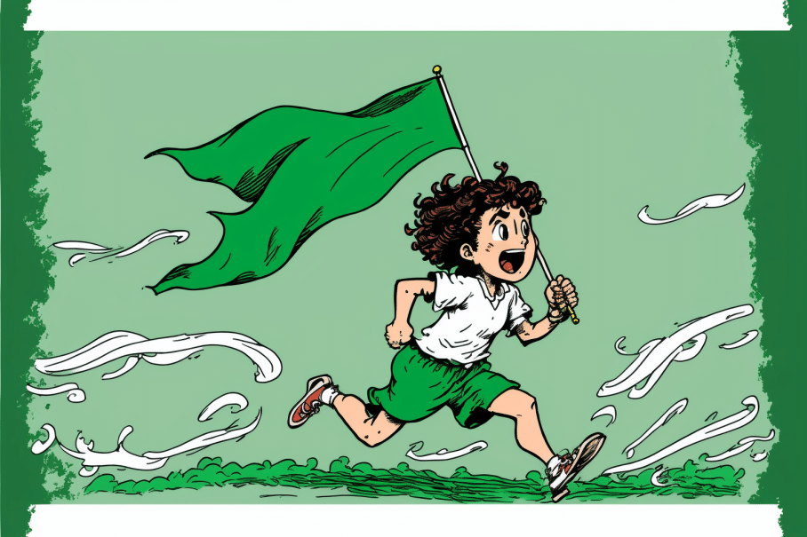 a_happy_young_person_holding_a_green_flag_running