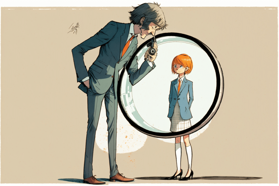 a_very_tall_man_in_a_suit_looking_through_a_big_magnifying glass