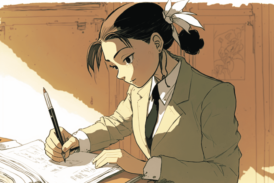 a_young_woman_wearing_a_suit_using_a_feather_to_write