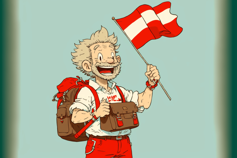 a_smiling_man_with_a_big_packpack_holding_the_austrian_flag
