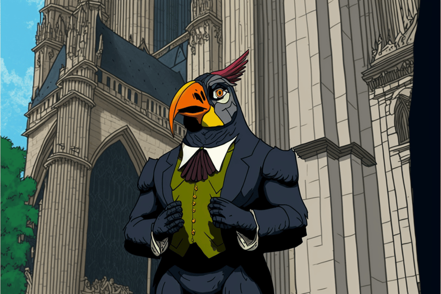 a_tucan_wearing_a_suit_standing_in_front_of_the_Stephansdom