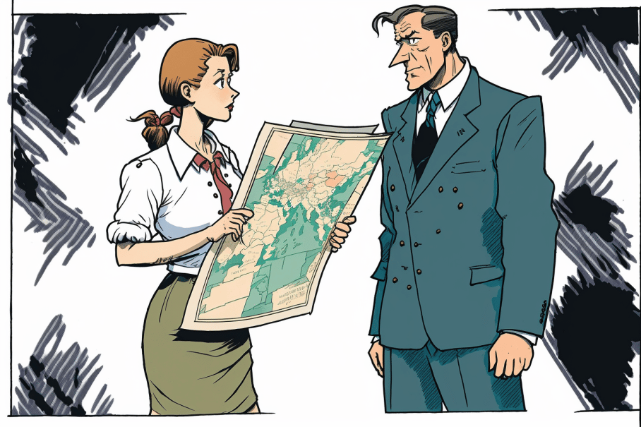 a_man_in_a_business_outfit_holding_a_big_map_asking_a_woman