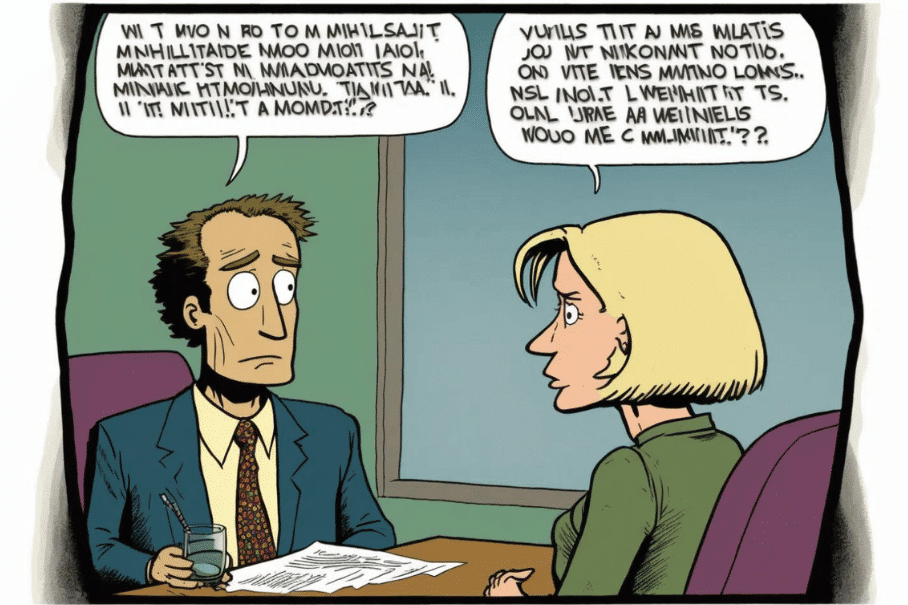man talking to women in a job interview ai image comic book
