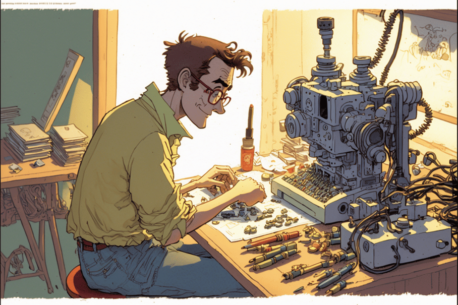 a_man_in_casual_clothes_building_a_robot