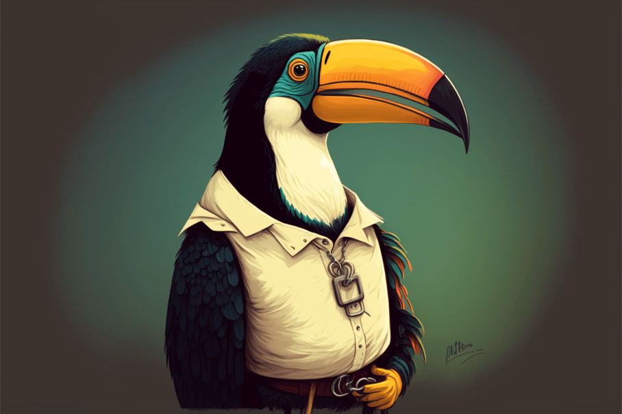 a_courious_toucan_wearing_a_white_shirt_highly_detailed