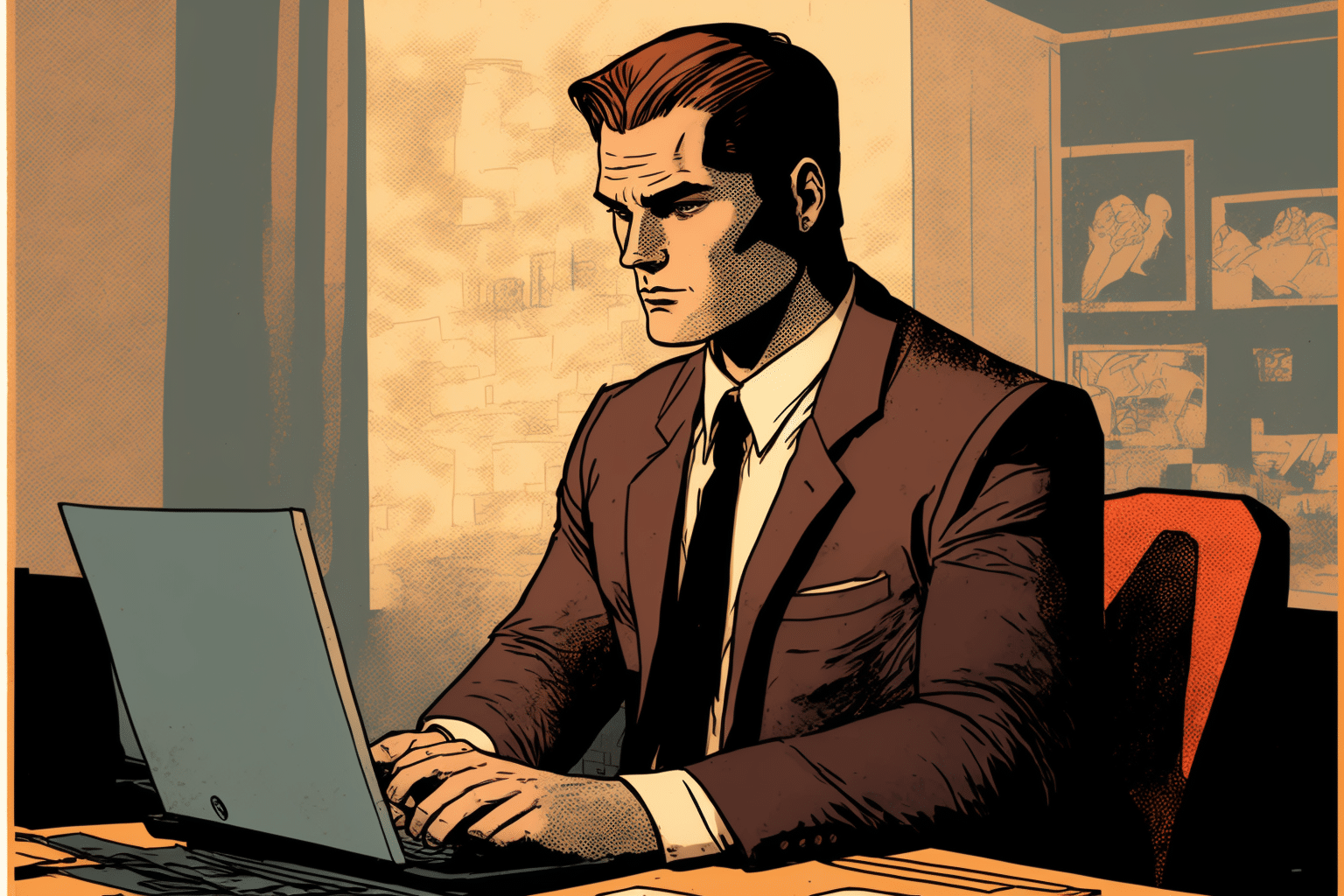 HROS_a_man_in_a_suit_posting_a_job_on_computer_comic_book_style