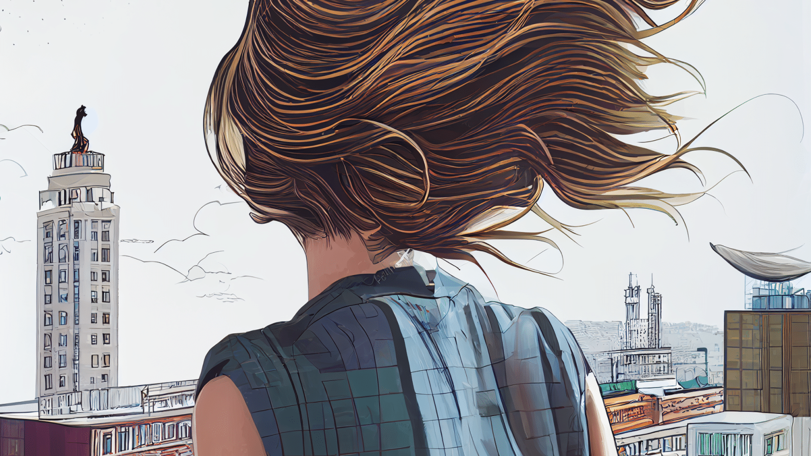 a-young-woman-wearing-a-blue-shirt-on-a-rooftop-looking-at-city-buildings