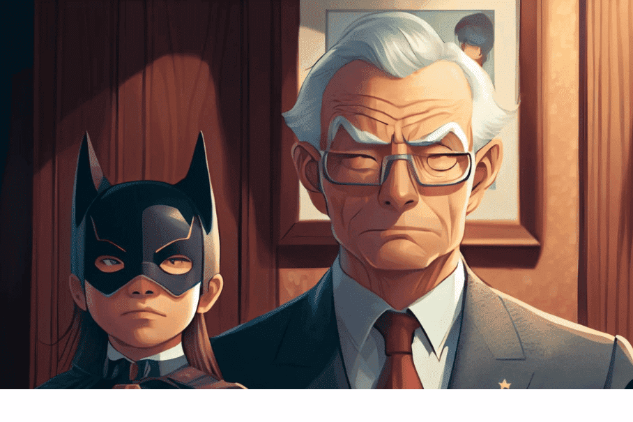 a young girl wearing a superhero mask and an elderly man wearing a suit and glasses.