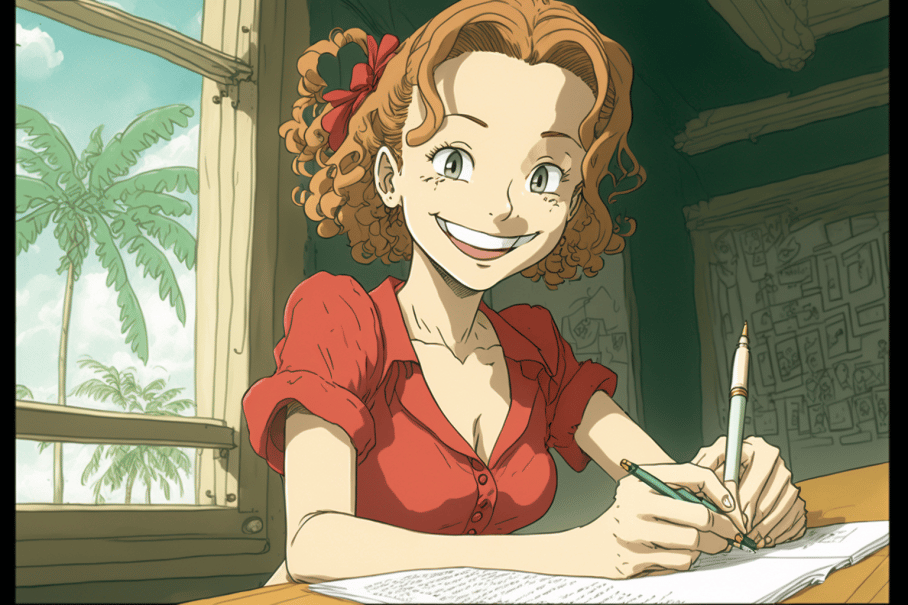 a_smiling_young_woman_holding_a_red_pen_writing