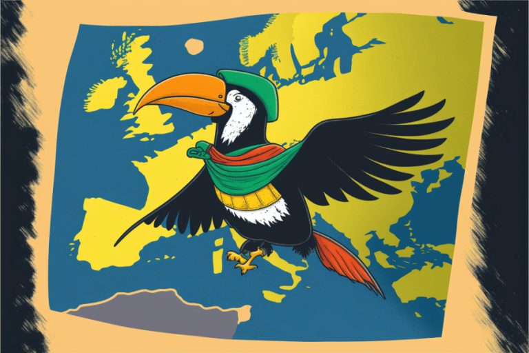 a_tucan_flying_over_a_map_of_Europe_wearing_a_hero_cape
