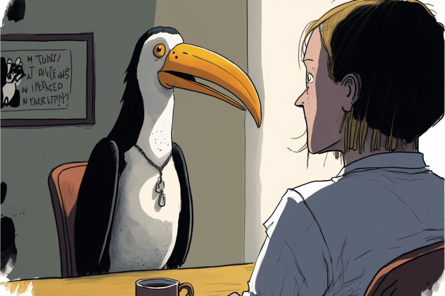 a toucan sitting on a chair talking to a woman