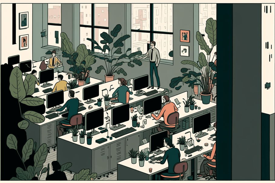 a_clean_office_with_many_happy_people_working_on_desks