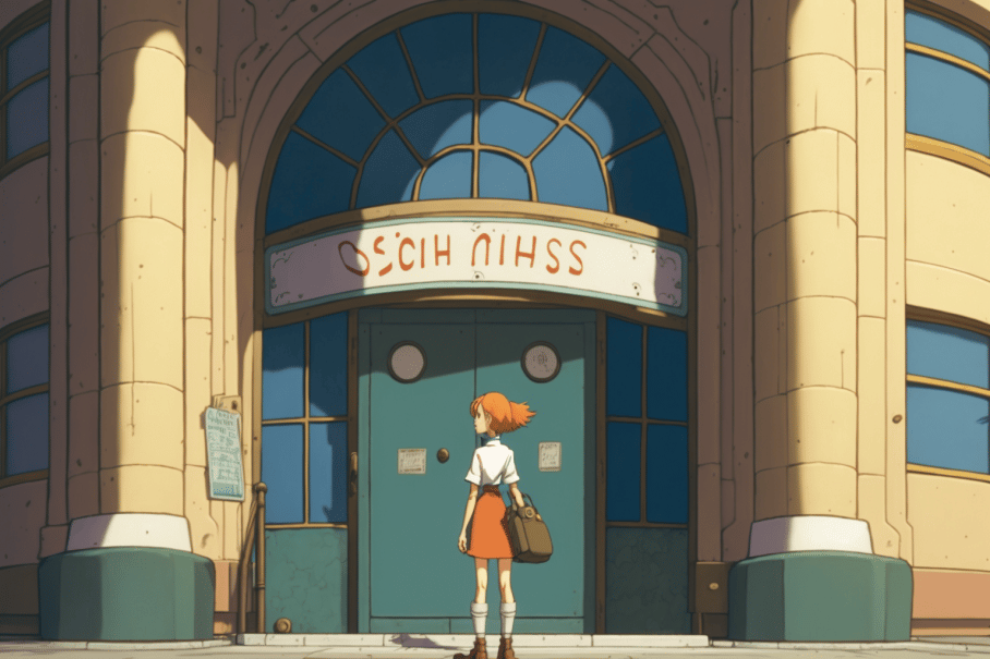 a_woman_going_inside_a_big_building_with_a_big_sign