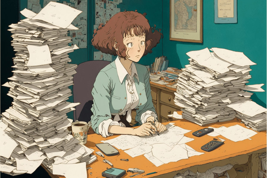 a_woman_sitting_on_desk_with_pilles_of_papers