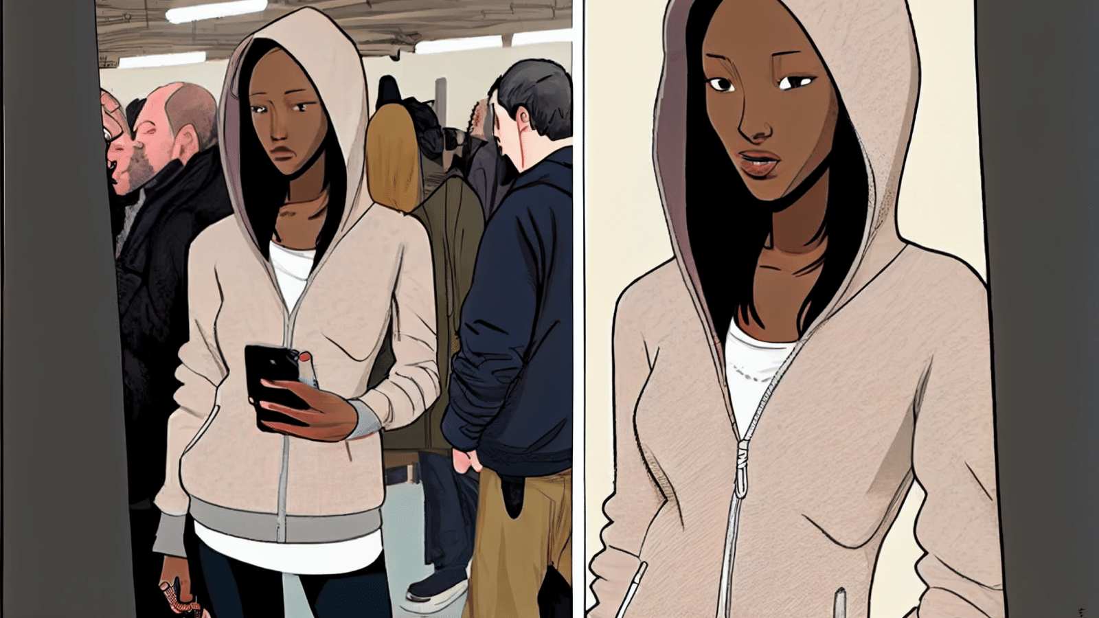 a woman wearing a hoodie in a crowd of people smart casual