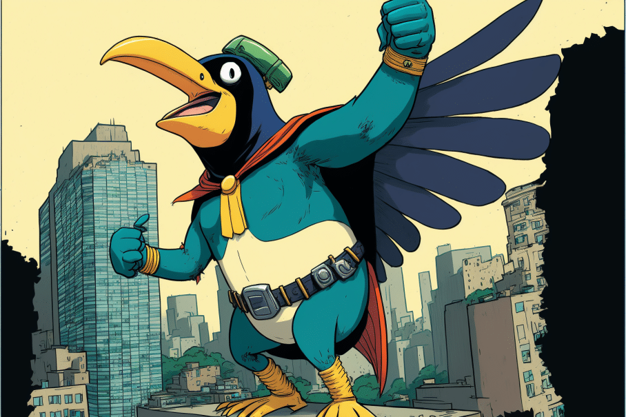 a_happy_toucan_wearing_a_superhero_costume_pointing_up