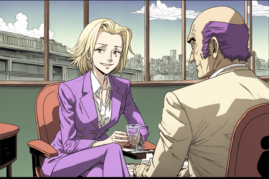 a_happy_blonde_woman_in_a_purple_suit_sitting_on_a_chair talking ot a man