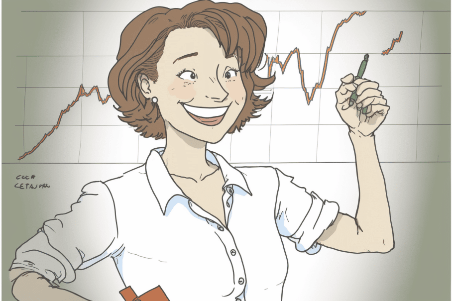 a_smiling_woman_in_a_white_shirt_pointng_to_a_big_graph