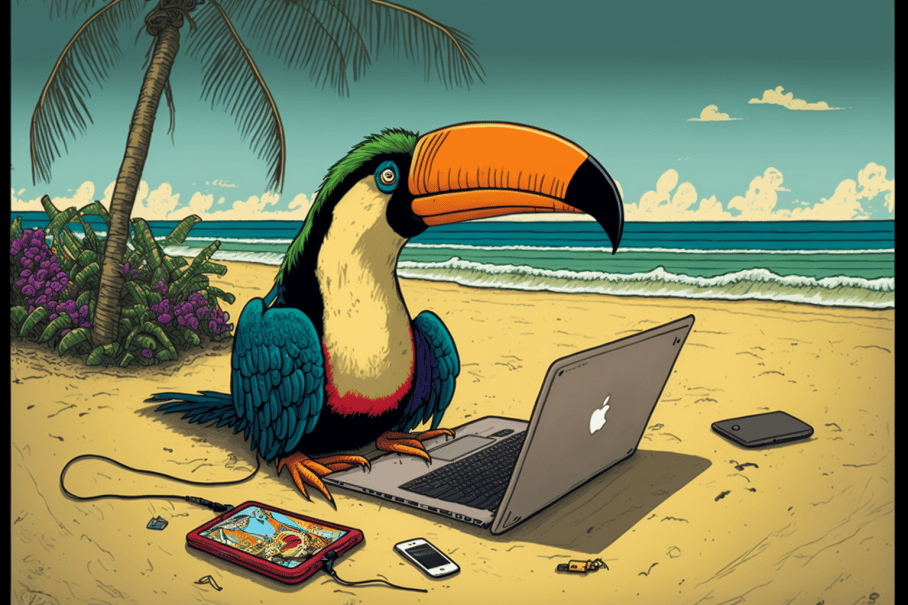 a_toucan_laying_on_a_beach_with_a_laptop