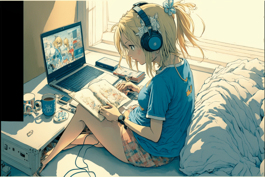 a_young_blonde_girl_sitting_on_her_bed_with_a_laptop
