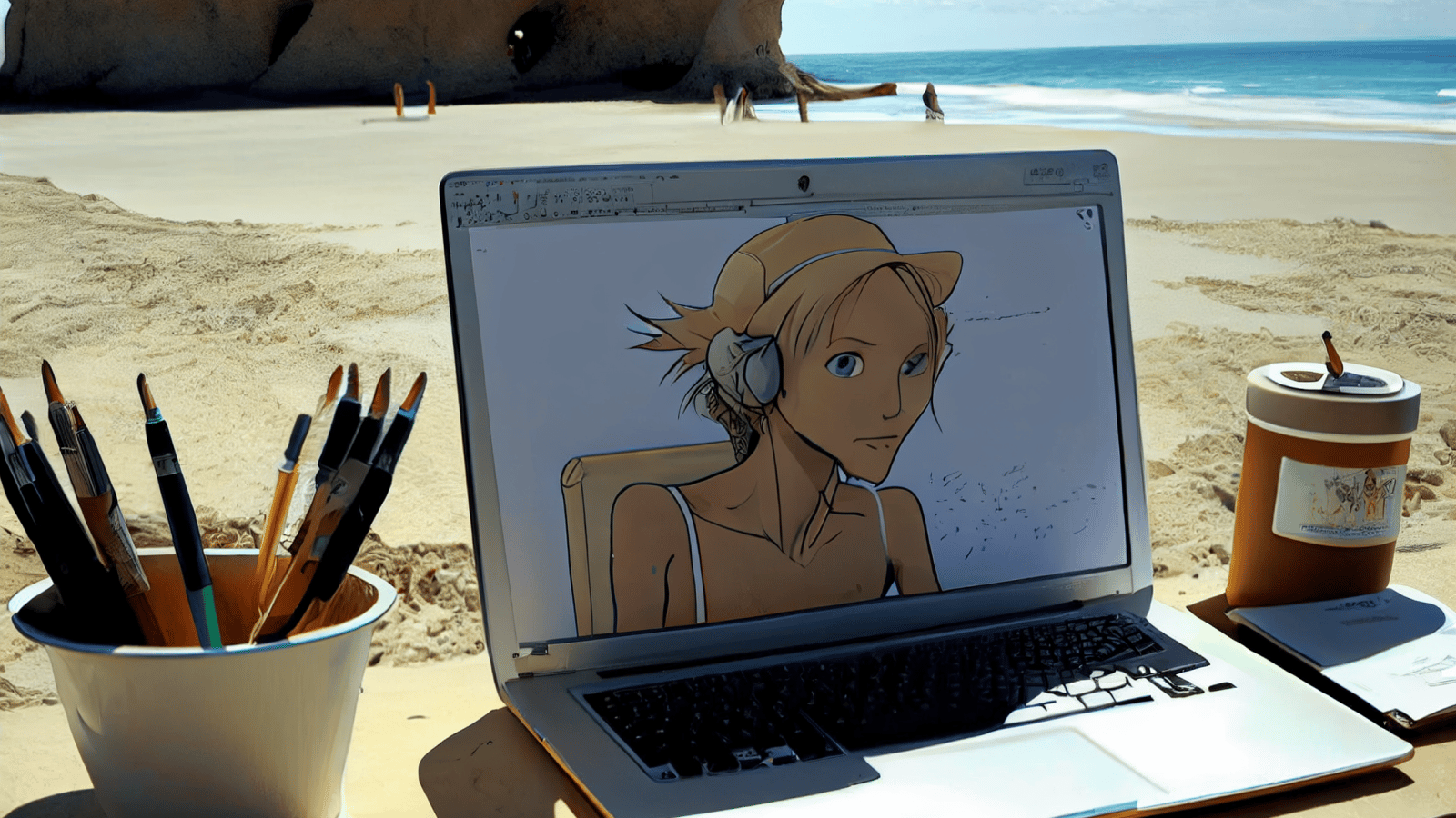 a person on a beach with a laptop
