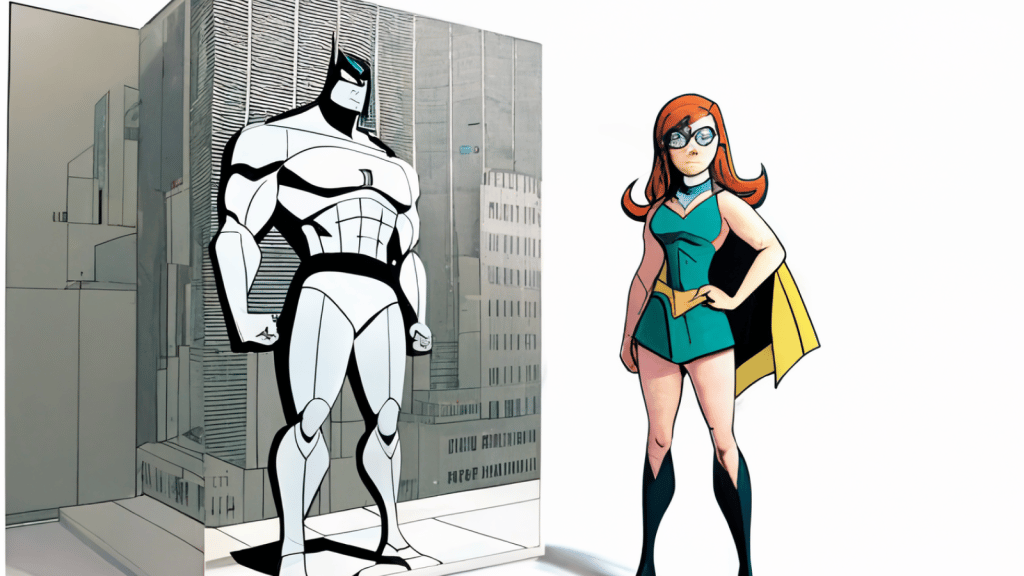 a black and white superhero and a colorful superhero woman
