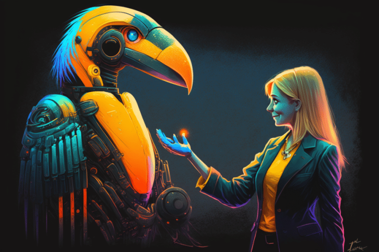 a_colorful_toucan_robot_glowing_in_a_yellow_light_