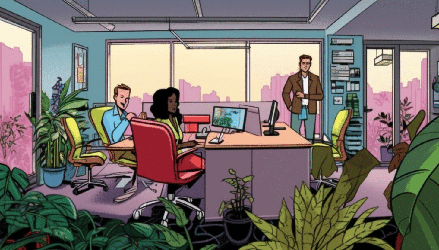 comic cartoon of team sitting in meeting room office